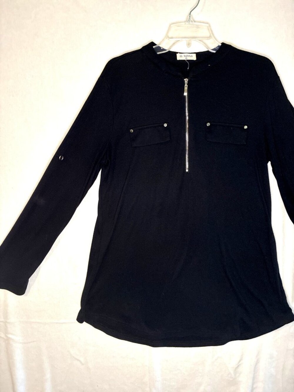 Bulotus 2XL Black Zip Front Tunic Top Roll Tab Sleeves Stretch Knit Plus Size